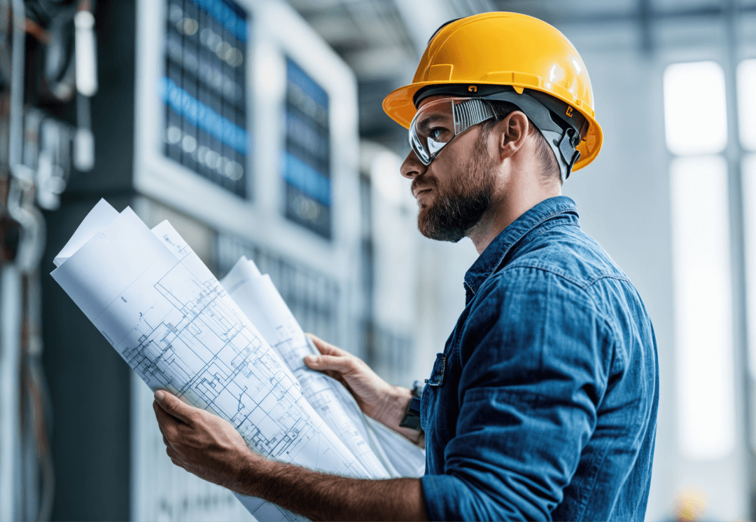 man with a yellow construction helmet looking at blueprints in a server room